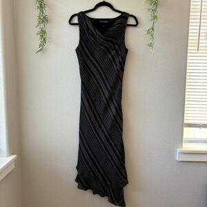 Vintage 90s 100% Silk Maxi Dress Size 12 Glam Feminine Black Gold Asymmetrical
